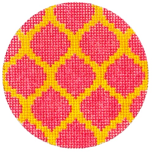 Bright Disk Letter - Watermelon & Tangerine Quatrefoil Damask and Grass Green Letter Painted Canvas Kate Dickerson Needlepoint Collections