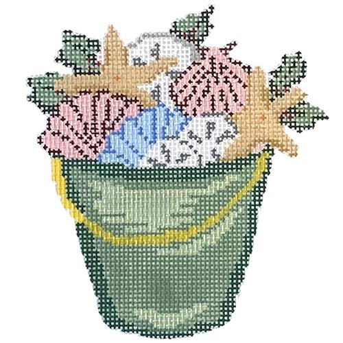 Bucket of Shells & Holly on 18 Painted Canvas Needle Crossings - 1