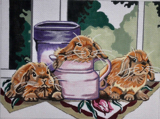 Bunnies at Windowsill Painted Canvas Julie Mar Needlepoint Designs 