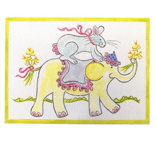 Bunny Riding on Elephant Painted Canvas Kate Dickerson Needlepoint Collections