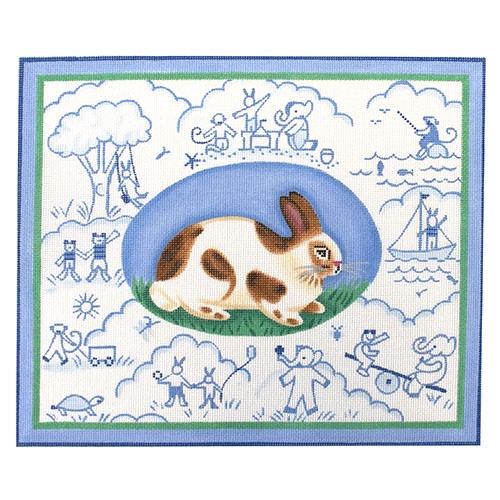 Bunny Toile Blues Painted Canvas Kate Dickerson Needlepoint Collections - 1