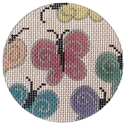 Butterflies on Pink 3" Round Painted Canvas All About Stitching/The Collection Design
