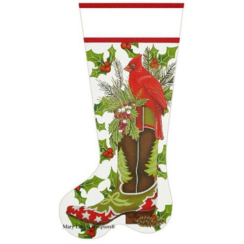 Cardinal Cowboy Boot Stocking Painted Canvas Melissa Shirley Designs - 1