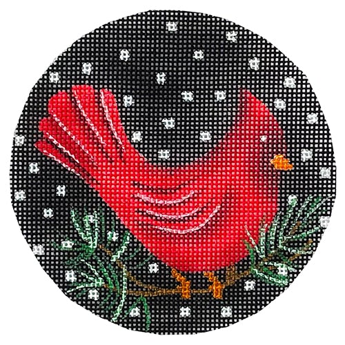 Cardinal on Black Round Painted Canvas Vallerie Needlepoint Gallery - 1