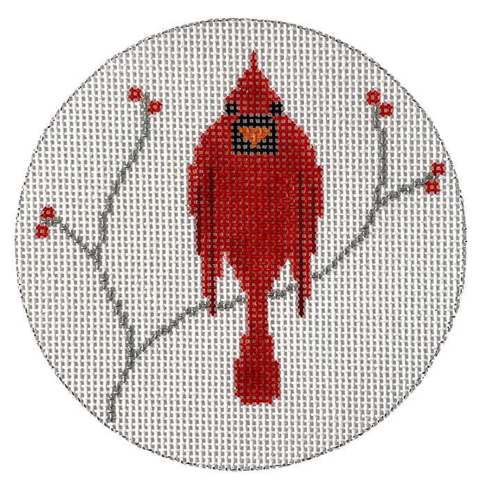 Cardinal on Branch Round Painted Canvas Vallerie Needlepoint Gallery - 1