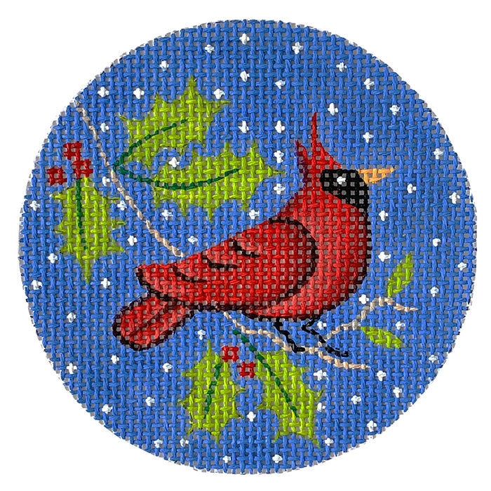 Cardinal on Holly Round Painted Canvas Vallerie Needlepoint Gallery