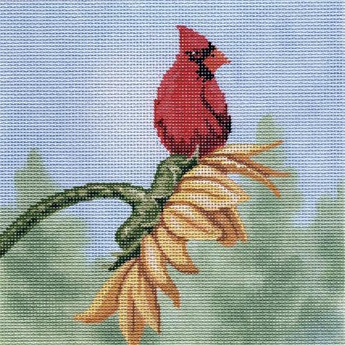 Cardinal on Sunflower Painted Canvas Labors of Love Needlepoint