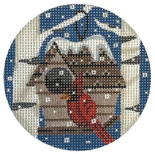Cardinal with Red Birdhouse Ornament Painted Canvas Alice Peterson Company - 1