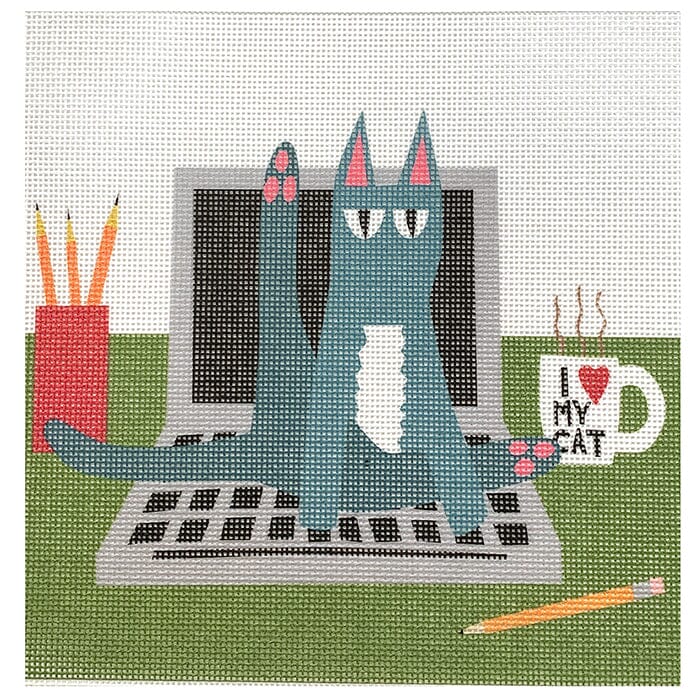 Cat on Computer Painted Canvas All About Stitching/The Collection Design - 1