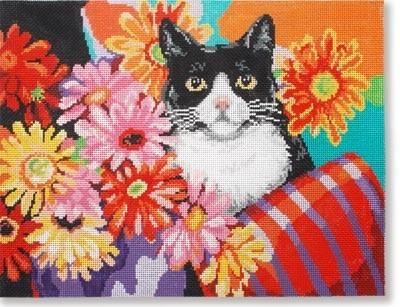 Cat w/ Flowers Painted Canvas CBK Needlepoint Collections