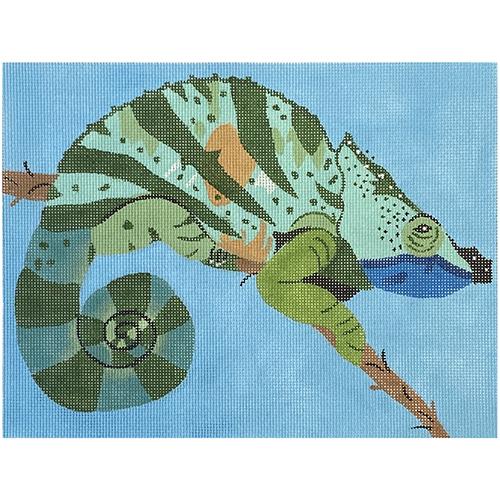Chameleon on Blue Painted Canvas Waterweave - 1