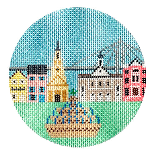 Charleston Cityscape Ornament 4'' Round Painted Canvas Painted Pony Designs - 1