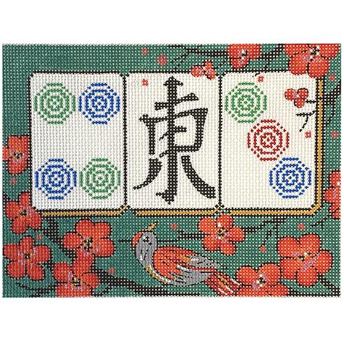 Cherry Blossoms on Green Mah Jongg Painted Canvas Alice Peterson Company
