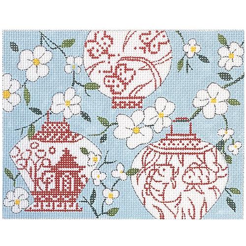 Chinese Lanterns on Blue Mahjongg Painted Canvas Alice Peterson Company