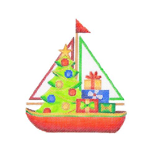 Christmas by the Sea Sailboat with Tree & Packages Painted Canvas Burnett & Bradley - 1