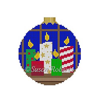 Christmas Candles 3" Round Painted Canvas Susan Roberts Needlepoint Designs Inc.
