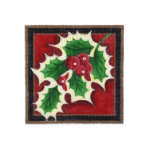 Christmas Coaster, Holly Painted Canvas Pepperberry Designs - 1