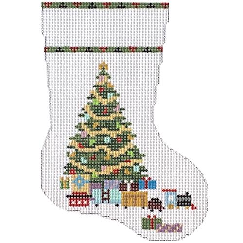Christmas Tree and Train Mini Sock Painted Canvas Susan Roberts Needlepoint Designs Inc.