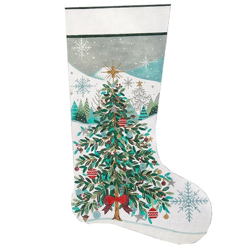Christmas Tree with Red Bow Stocking Painted Canvas Alice Peterson Company - 1