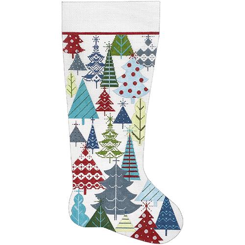 Christmas Trees Stocking Turquoise/Red Painted Canvas Alice Peterson Company - 1