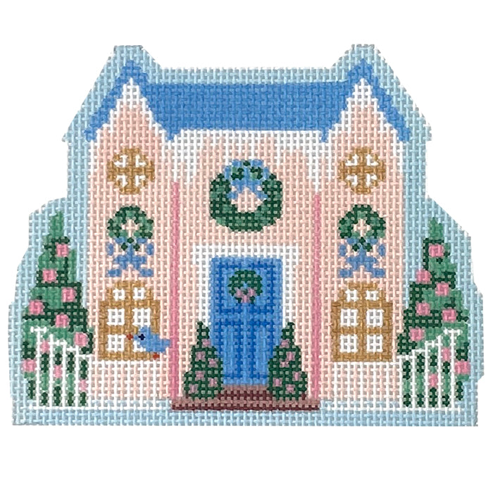 Christmas Village Pink House Painted Canvas Le Point Studio - 1