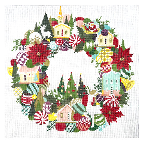 Christmas Village Wreath on 13 Painted Canvas A Stitch in Time - 1