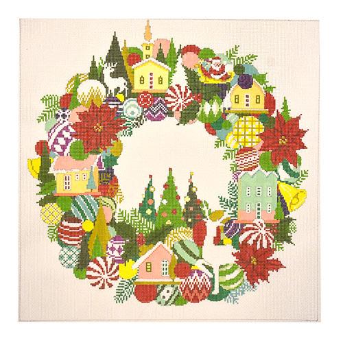 Christmas Village Wreath Painted Canvas A Stitch in Time - 1