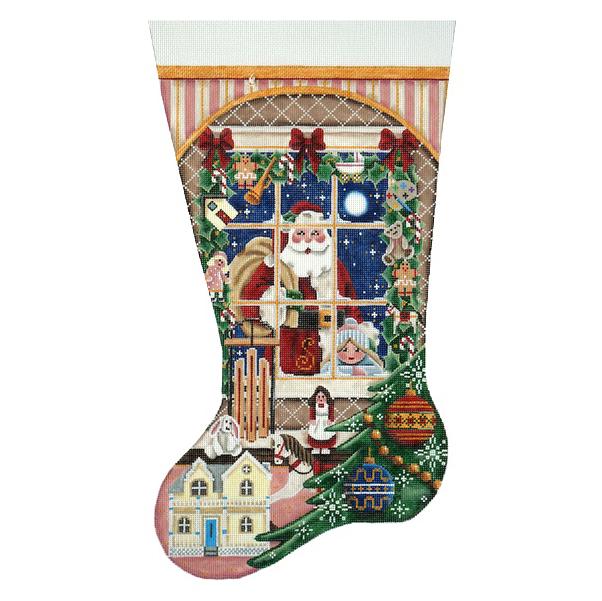 Christmas Wishes Stocking Girl Painted Canvas Rebecca Wood Designs - 1