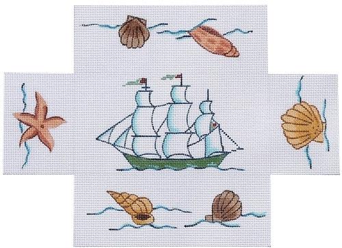 Clipper Ship with Shells Brick Cover Painted Canvas Kate Dickerson Needlepoint Collections