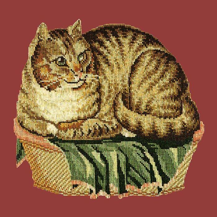 Contented Cat Needlepoint Kit Kits Elizabeth Bradley Design Dark Red 