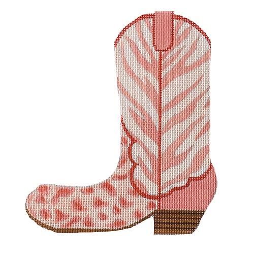 Cowgirl Boot Coral Cheetah & Zebra (pointing left) Painted Canvas Kate Dickerson Needlepoint Collections - 1
