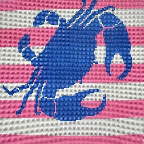 Crab Stencil on Pink and White Stripe Painted Canvas Two Sisters Needlepoint 