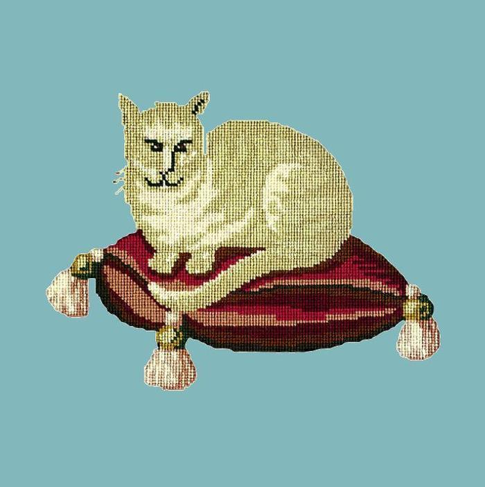 Cream Cat Needlepoint Kit Kits Elizabeth Bradley Design Duck Egg Blue
