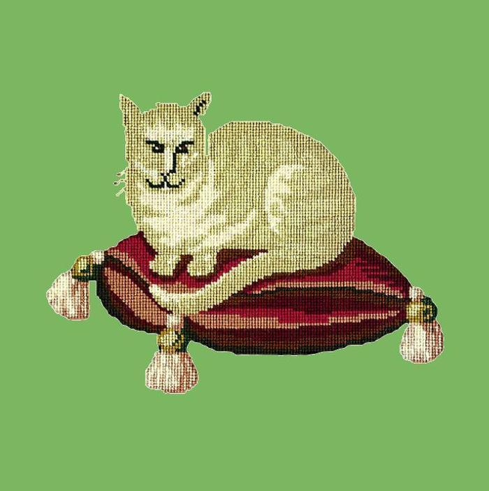 Cream Cat Needlepoint Kit Kits Elizabeth Bradley Design Grass Green