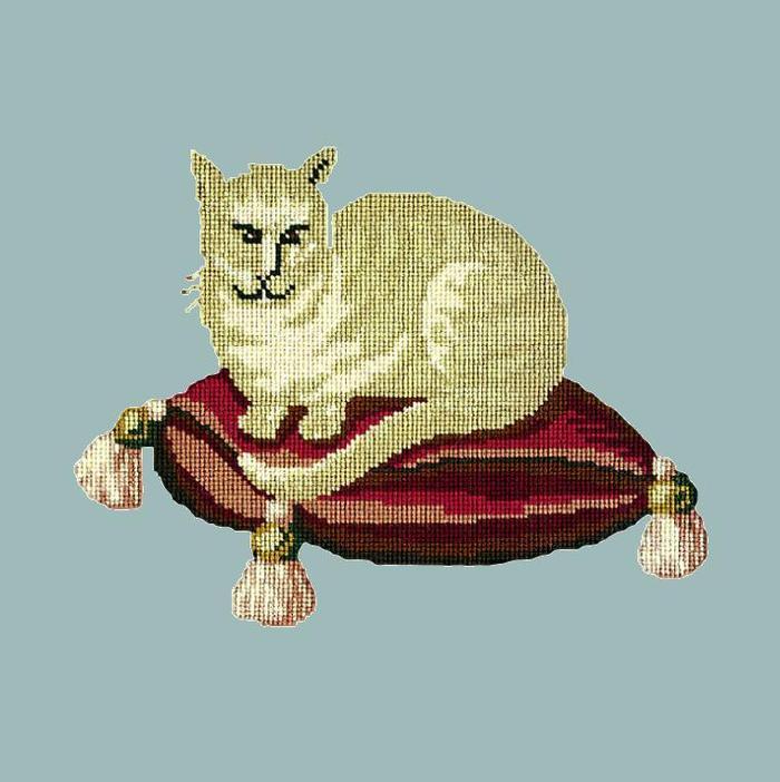 Cream Cat Needlepoint Kit Kits Elizabeth Bradley Design Pale Blue 