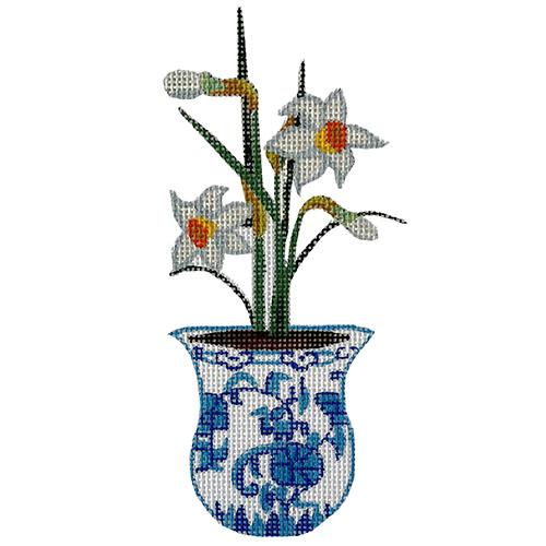 Daffodil in Blue Ceramic Pot Painted Canvas All About Stitching/The Collection Design