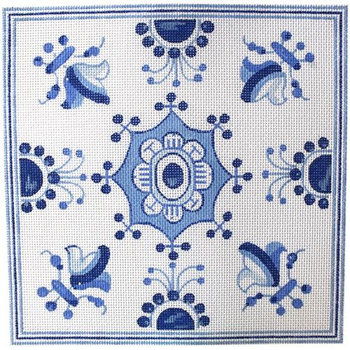 Delft Tile Tulips & Fleur De Lis Painted Canvas The Plum Stitchery - 1