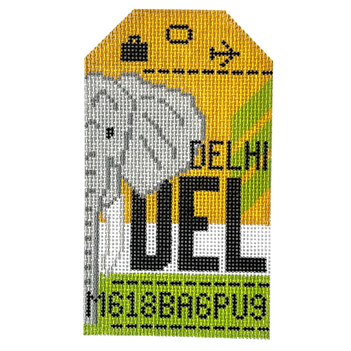 Delhi DEL Travel Tag Painted Canvas Hedgehog Needlepoint