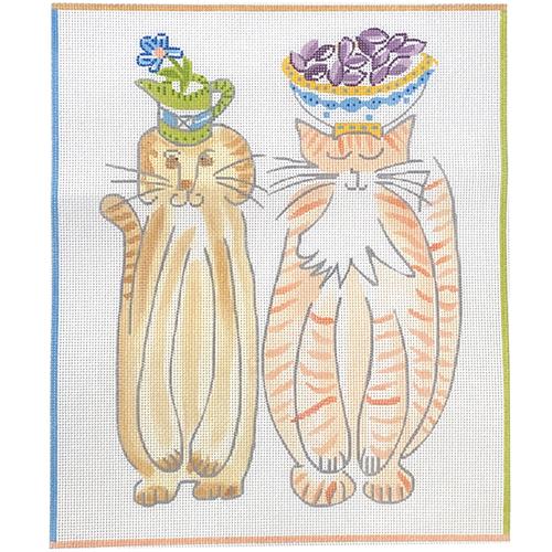 Dog with Watering Can & Cat with Bowl of Candy Painted Canvas Kate Dickerson Needlepoint Collections - 1