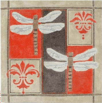 Dragonflies on Black / Red Painted Canvas CBK Needlepoint Collections