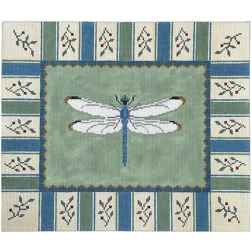 Dragonfly on Sage with Striped Border Painted Canvas Susan Roberts Needlepoint Designs Inc. - 1