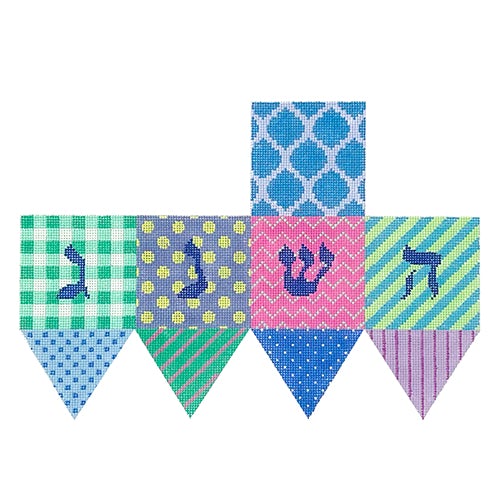 Dreidel Patchwork of Patterns Blues, Lavenders, Turquoise Painted Canvas Kate Dickerson Needlepoint Collections - 1