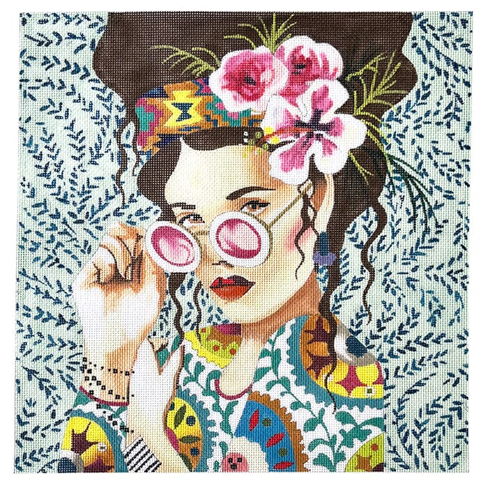 Elegant Hippie Lady on Grey with Glasses Painted Canvas Colors of Praise