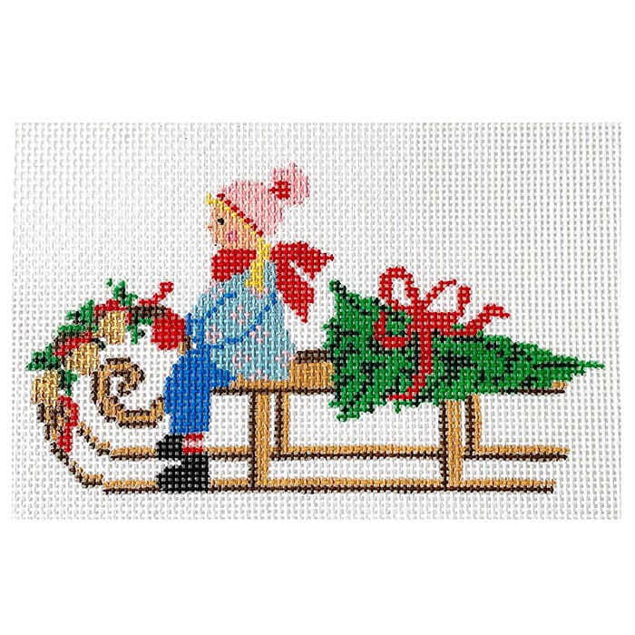 Festive Sled Girl Painted Canvas Blue Ridge Stitchery - 1