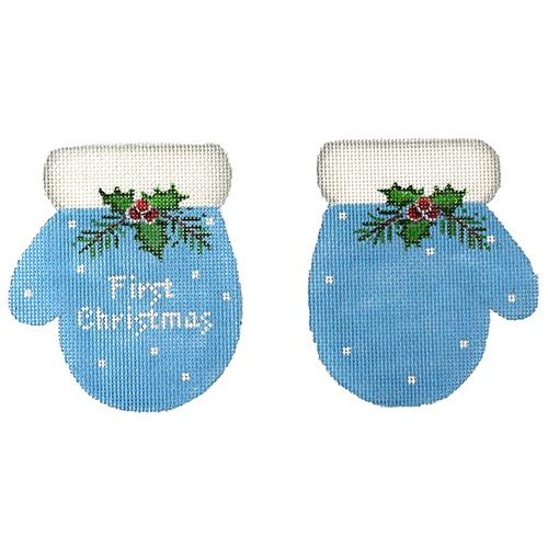 First Christmas Mittens Blue Painted Canvas Pepperberry Designs - 1