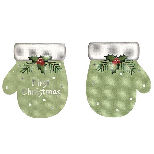 First Christmas Mittens Pale Green Painted Canvas Pepperberry Designs - 1