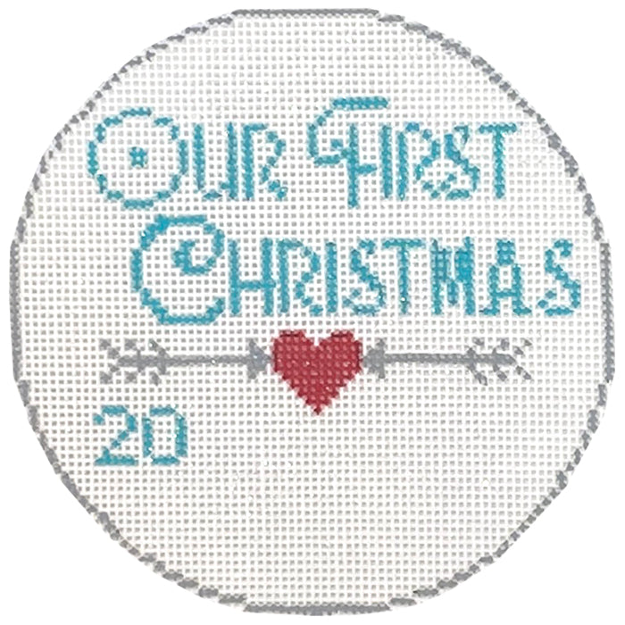 First Christmas Ornament Hearts and Arrows Painted Canvas Kimberly Ann Needlepoint - 1