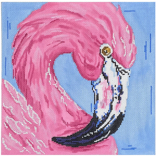 Flamingo on Blue Pillow Painted Canvas Two Sisters Needlepoint 