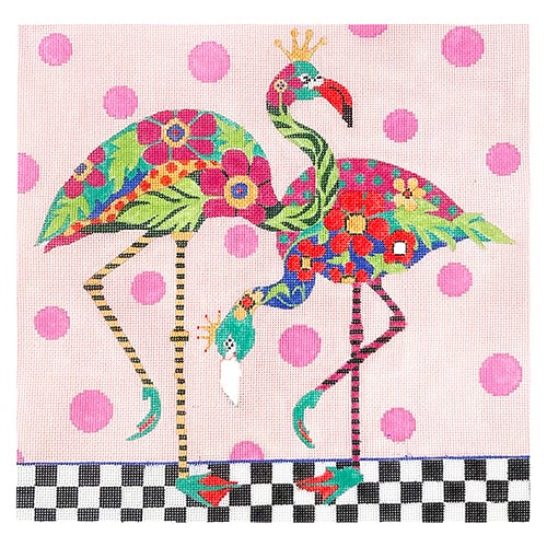 Floral Flamingos Painted Canvas Vallerie Needlepoint Gallery - 1