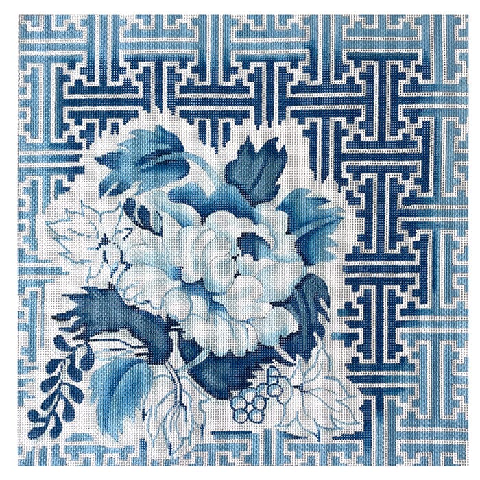 Floral Fretwork Chinoiserie Painted Canvas Associated Talents - 1